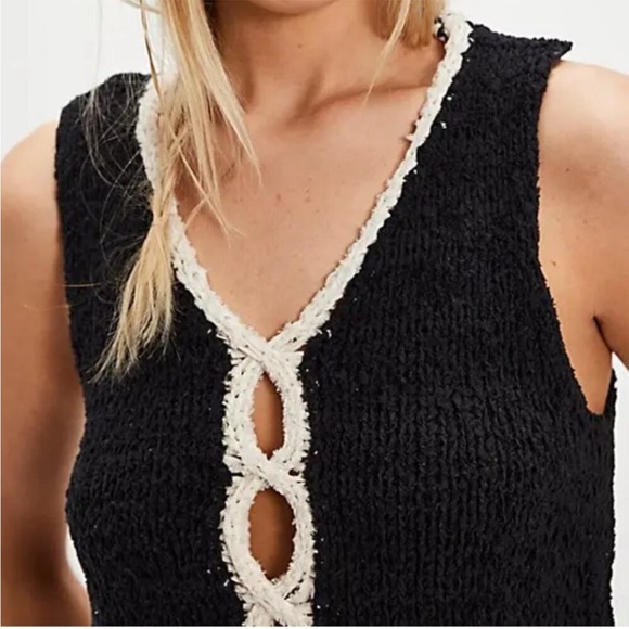 Free People‎ Sicily Shell Sweater Black Cream Knit Crop Reversible Small New - Picture 4 of 12